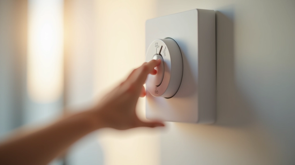 Šildymo termostatas prie sienos, šilumos kontrolės rankenėlė, šiltas žiemos apšvietimas