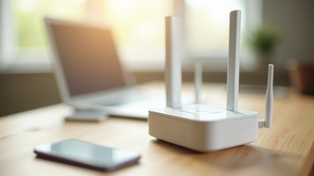 Wifi maršrutizatorius ant stalo šalia nešiojamojo kompiuterio ir telefono, šviesus darbo kampas