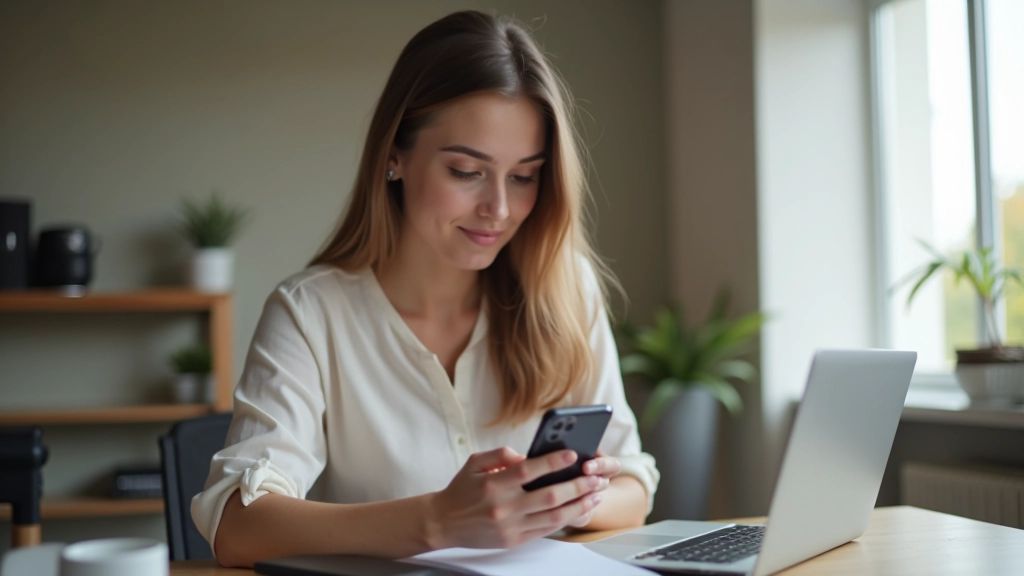 Mergina žiūri į banko sąskaitą savo telefone, sėdi namie su nešiojamojo kompiuterio